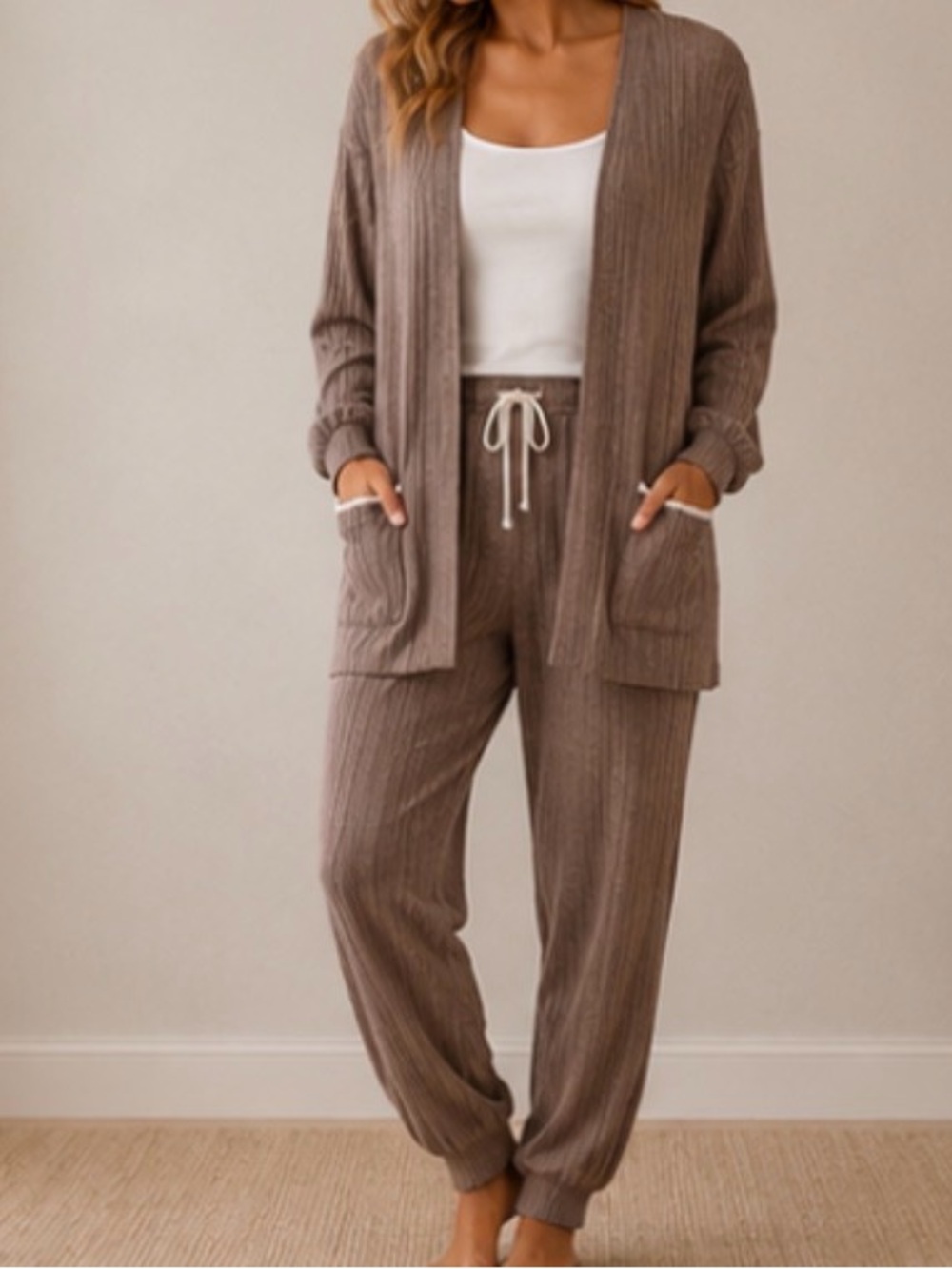 Blu Pepper Ribbed Knit Track Pants & Cardigan Set in Taupe